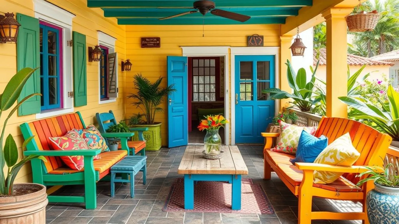 Pátio brasileiro com móveis coloridos e objetos reciclados. Decoração criativa e personalizada.