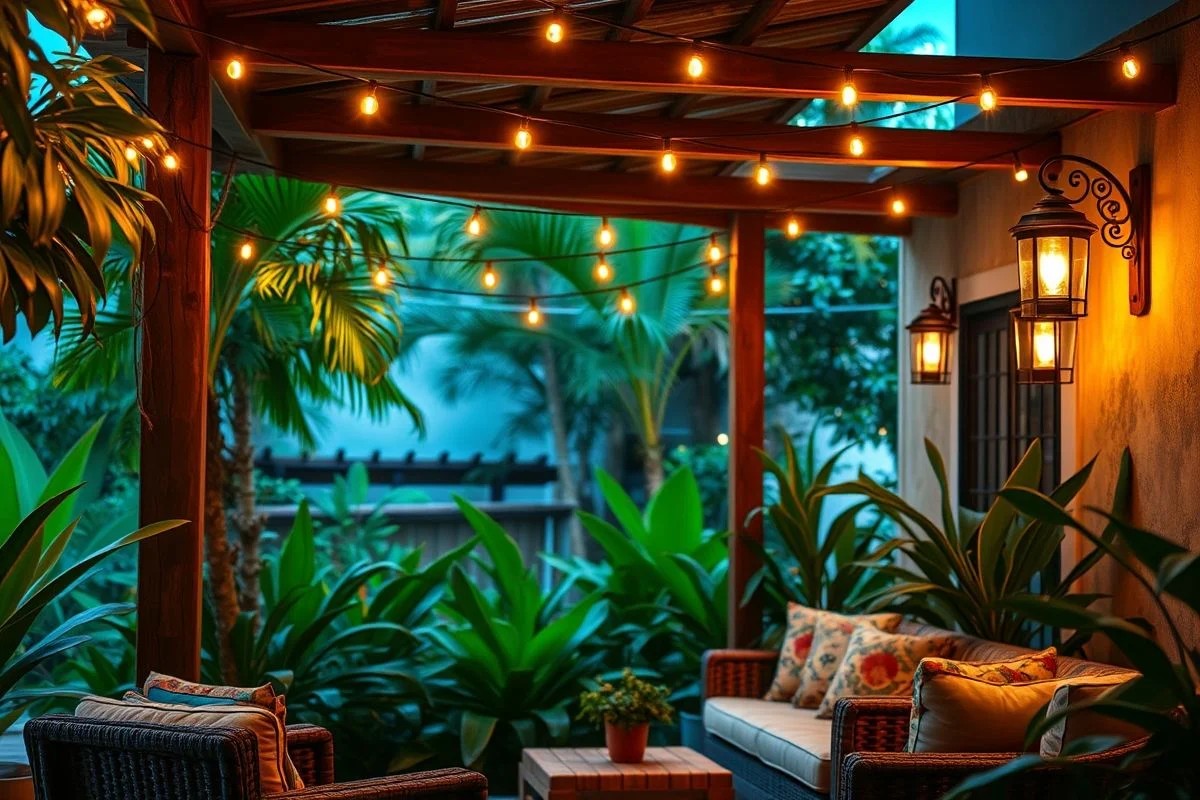 Varanda brasileira iluminada com arandelas e luzes, ambiente acolhedor.