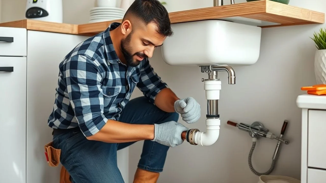 Encanador brasileiro consertando cano embaixo da pia na cozinha