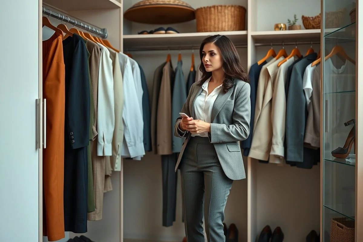 Mulher escolhendo roupas versáteis para o trabalho no closet