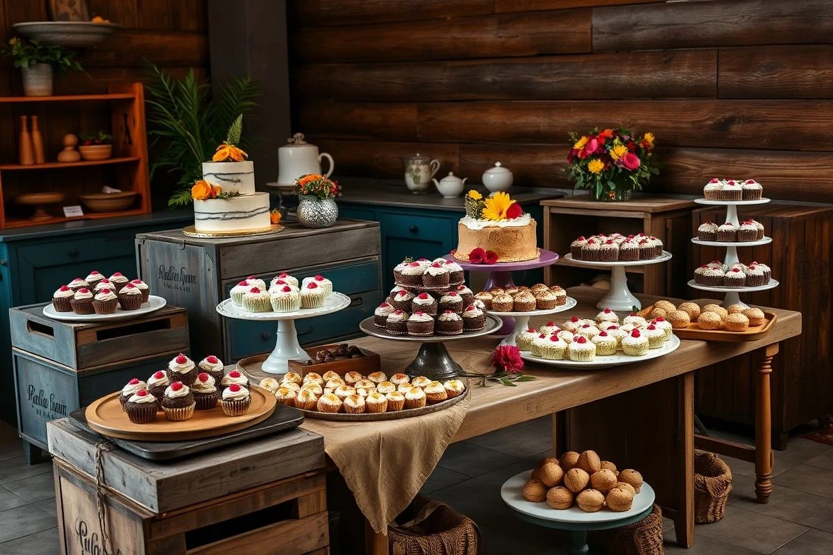Mesa de doces rústica em casamento no Brasil com bolos caseiros e brigadeiros em móveis antigos.
