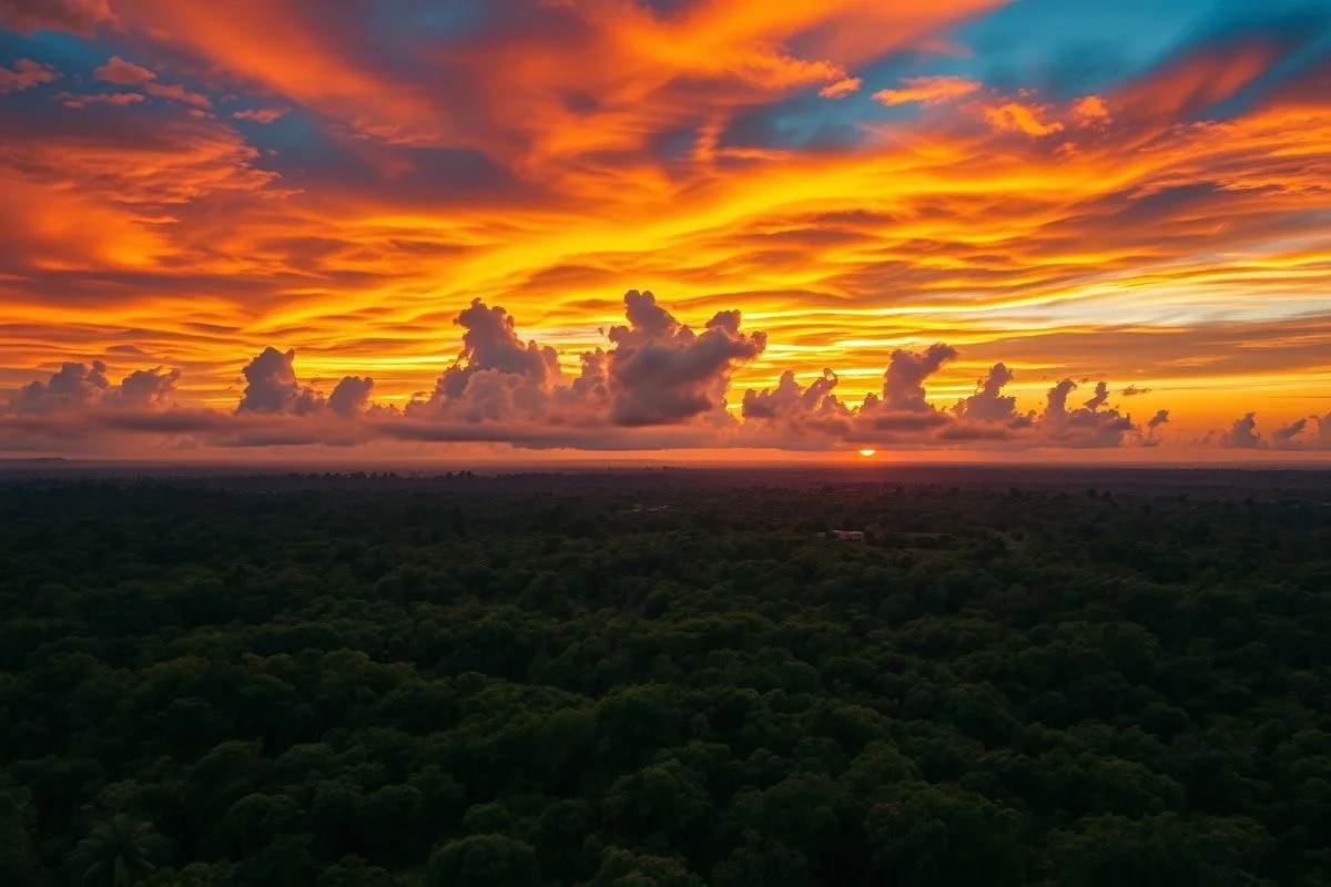 Pôr do sol na Amazônia, simbolizando aceitação e paz interior.