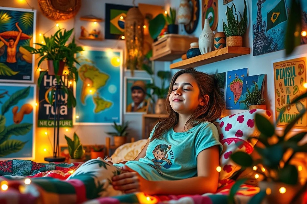 Adolescente brasileira relaxando em quarto decorado com luzes, posters e plantas.