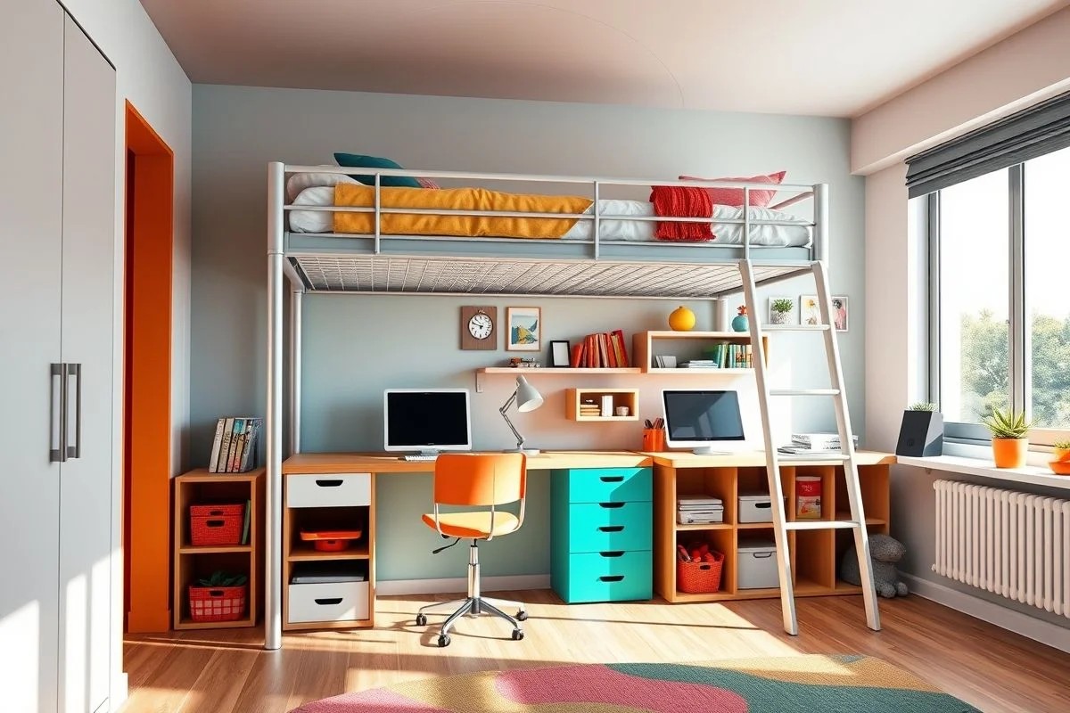 Quarto de adolescente com cama suspensa tipo beliche elevada e escrivaninha.