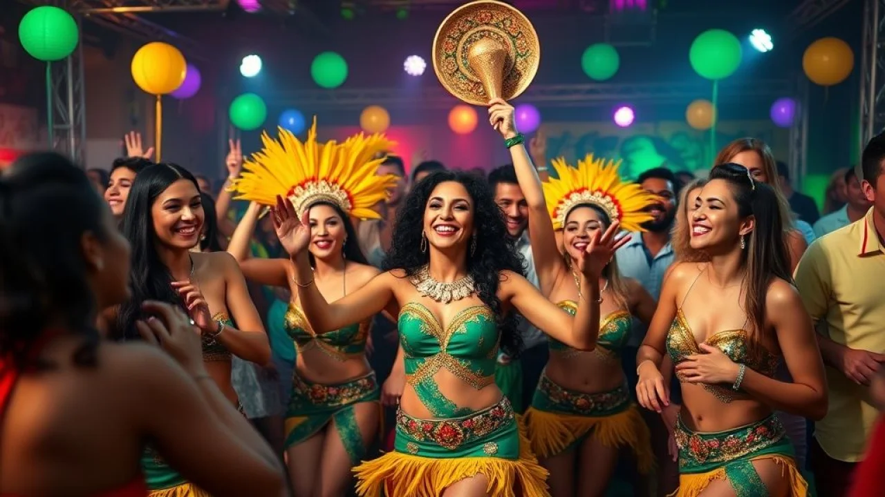 Festa temática brasileira com dançarinos de samba e convidados animados. Entretenimento e atrações para eventos.