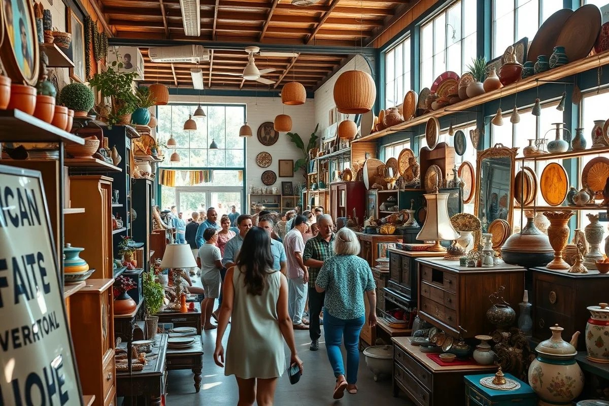 Pessoas em brechó brasileiro procurando móveis e decoração
