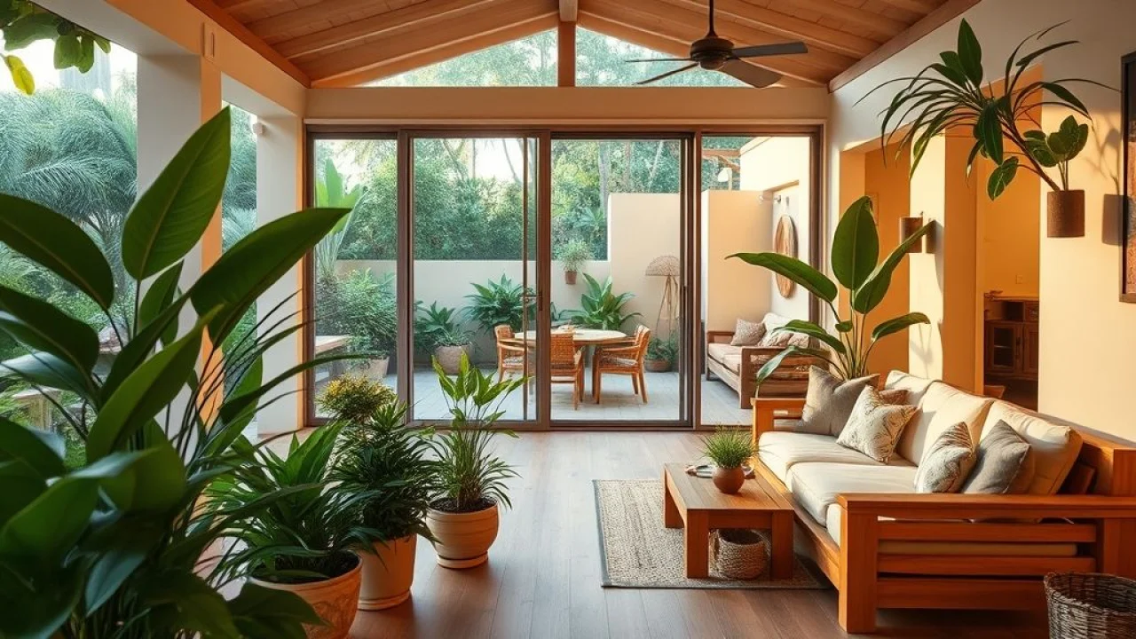 Varanda integrada à sala de estar com plantas e móveis de madeira, Brasil.