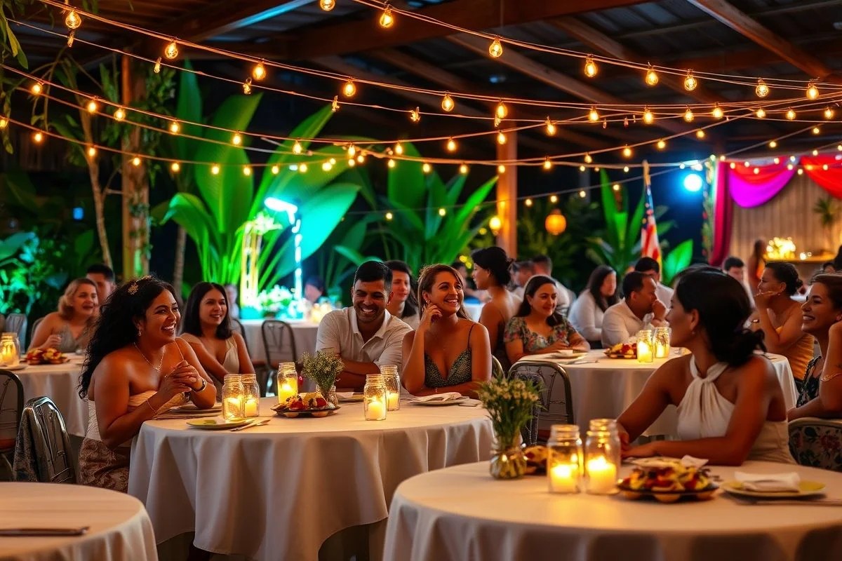 Recepção de casamento simples e charmosa com luzes e convidados felizes.