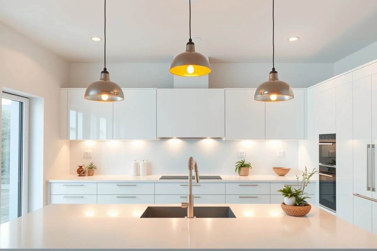 Cozinha branca com iluminação pendente moderna sobre bancada de quartzo.
