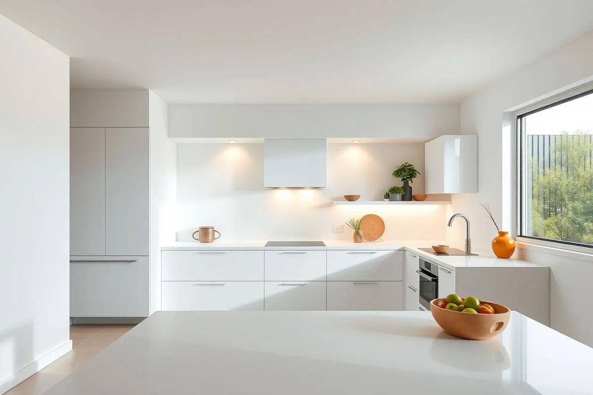 Cozinha branca brasileira com iluminação embutida, criando um espaço funcional.