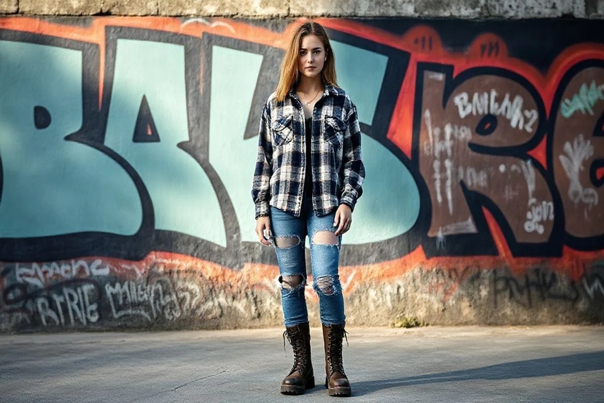 Mulher brasileira com camisa xadrez grunge, jeans rasgados e coturnos em Rio de Janeiro.