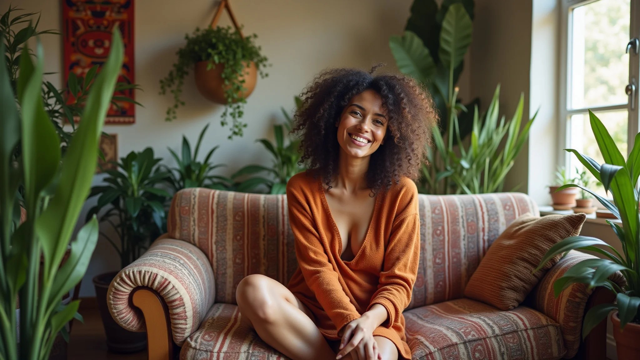 Mulher brasileira (30s) em sala boho com plantas e tecidos étnicos.
