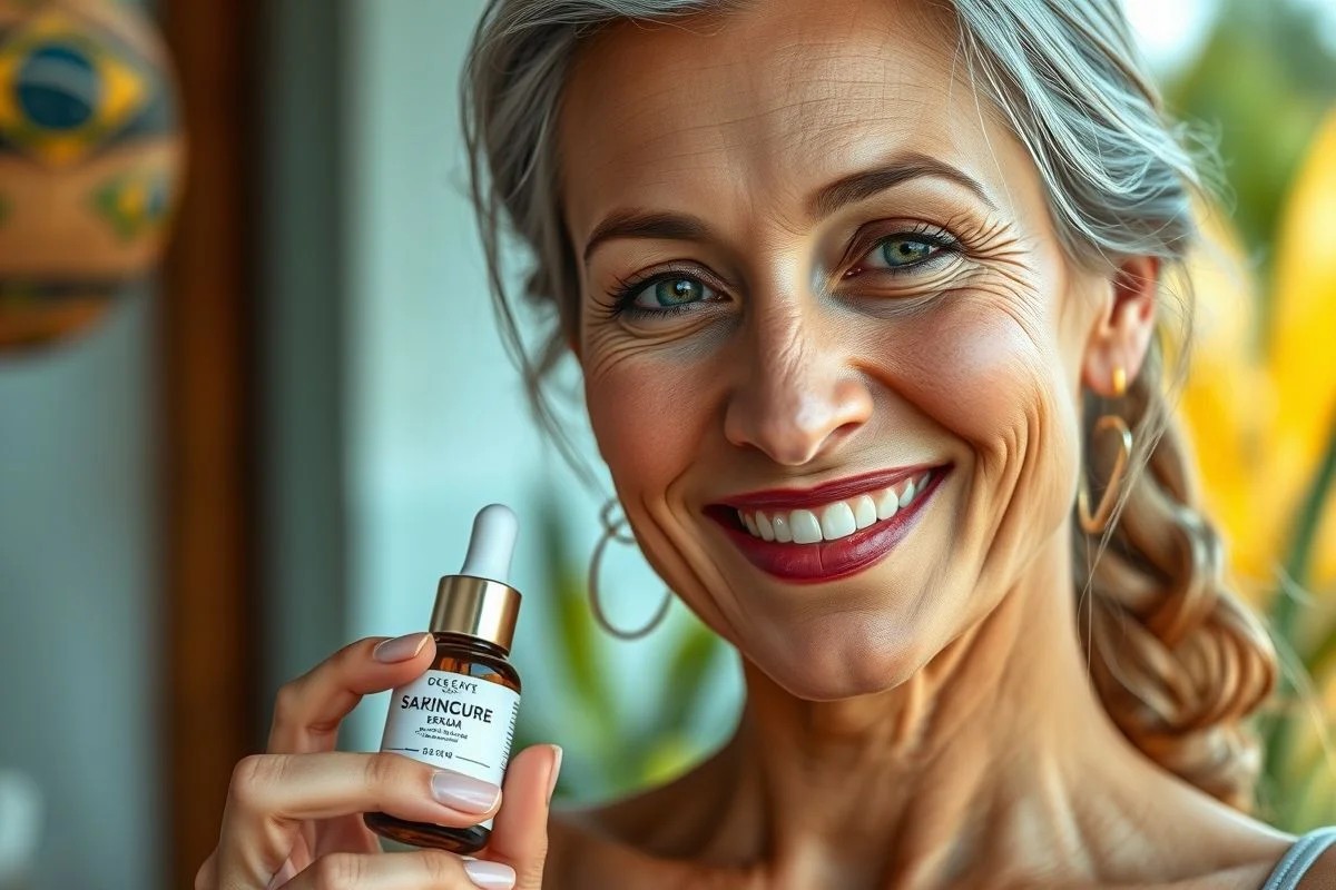 Mulher brasileira sorrindo, 30 anos, mostrando sérum hidratante para cuidados com a pele.