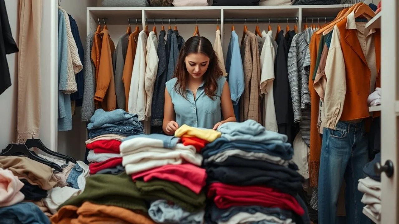 Brasileira separando roupas para armário cápsula: manter, doar, customizar.