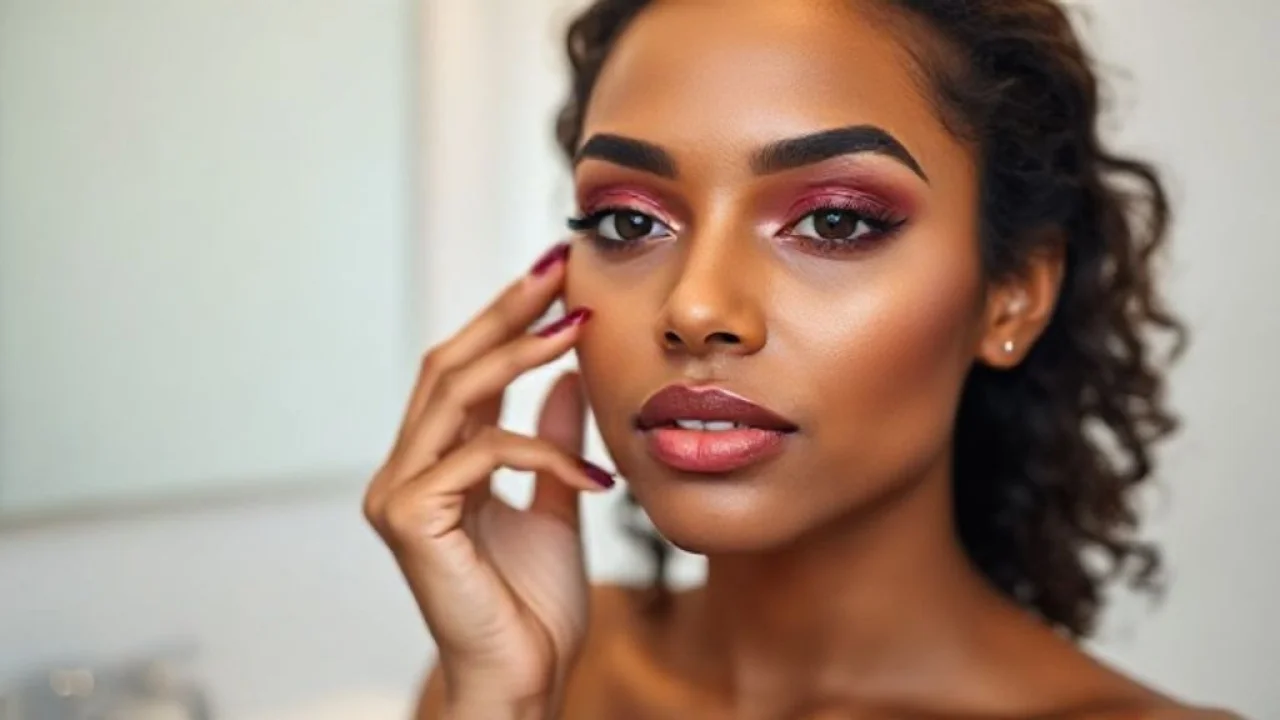 Maquiagem com sombras em cores análogas (roxo, rosa, vinho) em mulher brasileira.