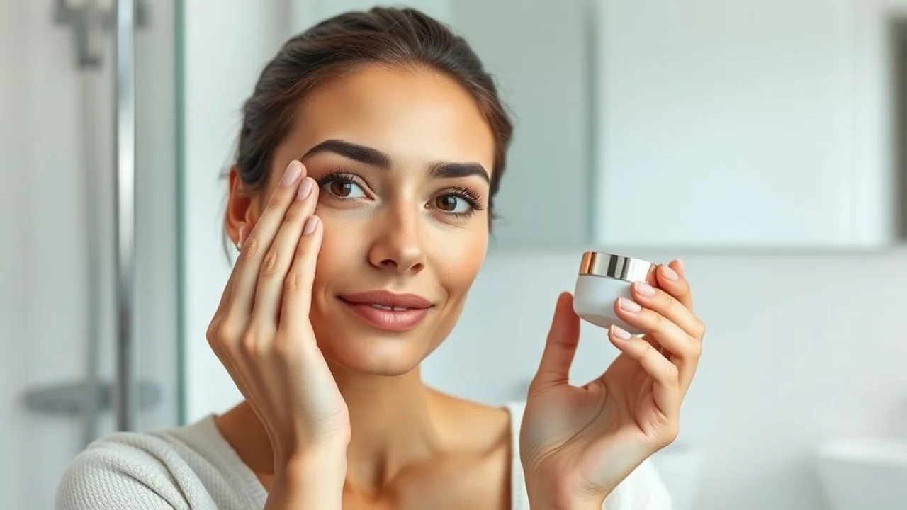Mulher brasileira aplicando creme para área dos olhos.