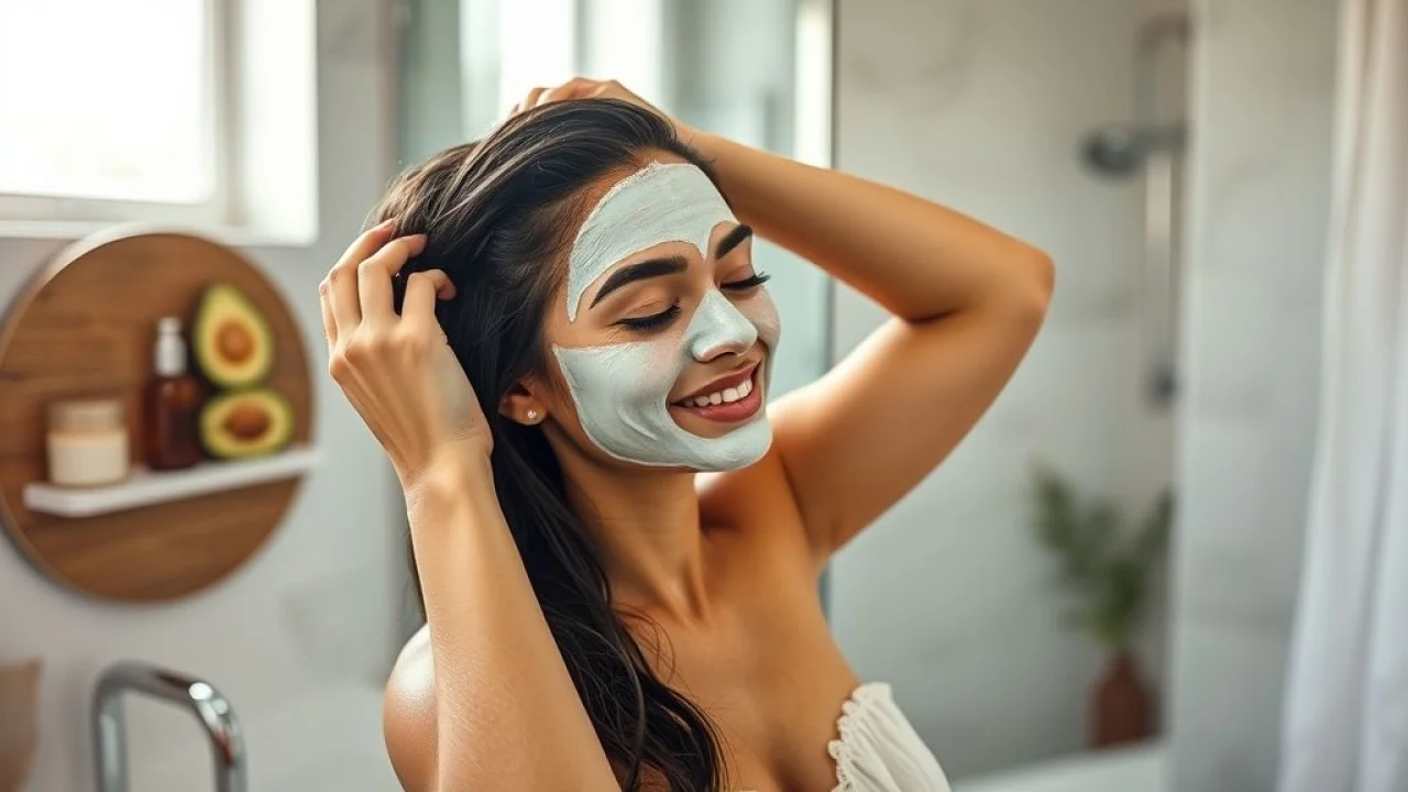Mulher brasileira aplicando máscara capilar com ingredientes naturais.