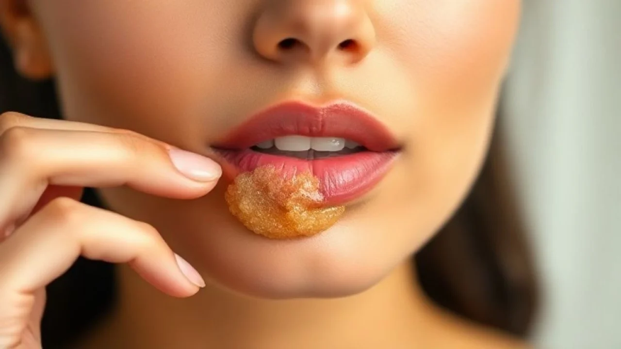 Aplicação de esfoliante labial caseiro nos lábios