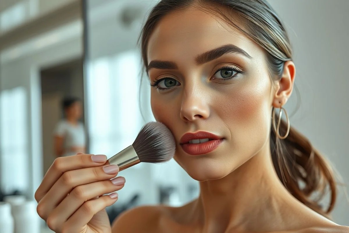 Mulher brasileira aplicando base com pincel de maquiagem.