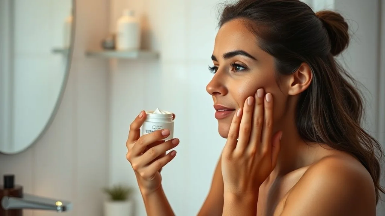 Brasileira aplicando retinol no rosto à noite: rotina de skincare suave.