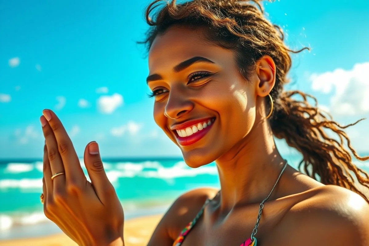 Mulher brasileira aplicando protetor solar no rosto com praia ao fundo.