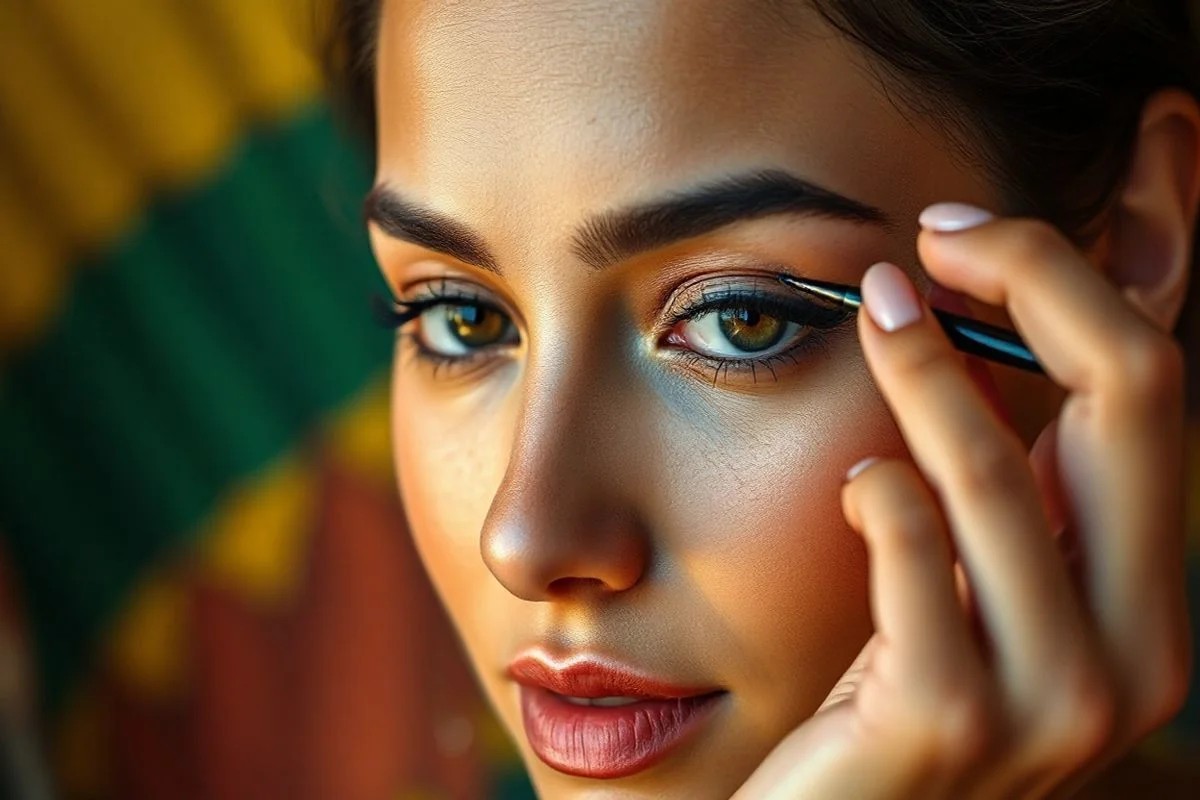 Delineado fino e delicado em olhos amendoados, maquiagem.