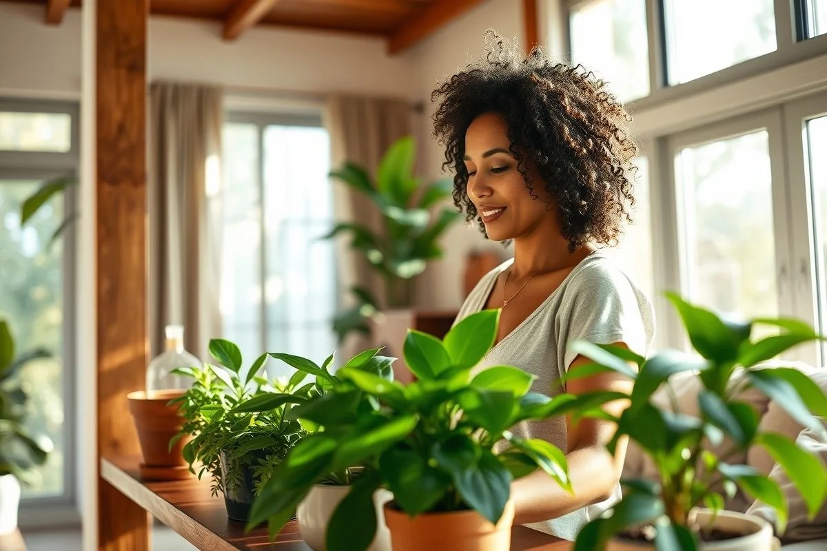 Mulher brasileira arrumando plantas em prateleira na sala de estar.
