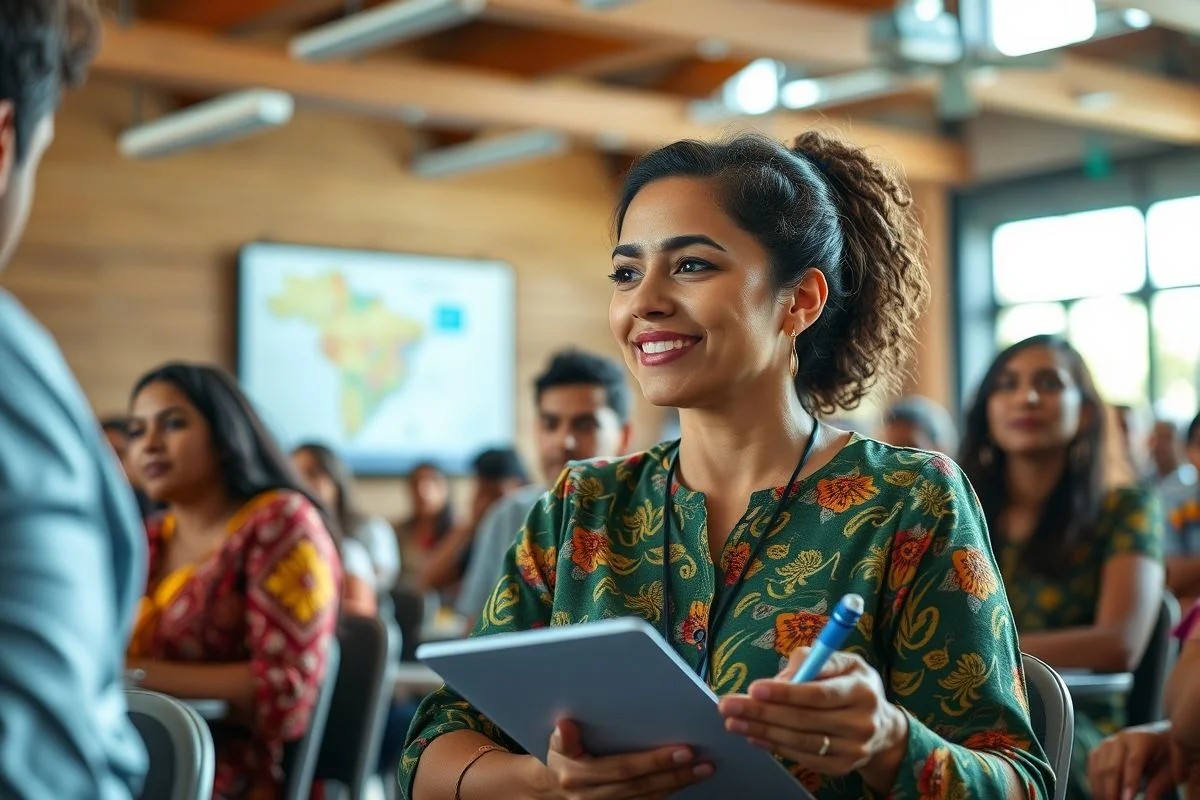 Brasileira participa ativamente de workshop, anotando informações importantes.