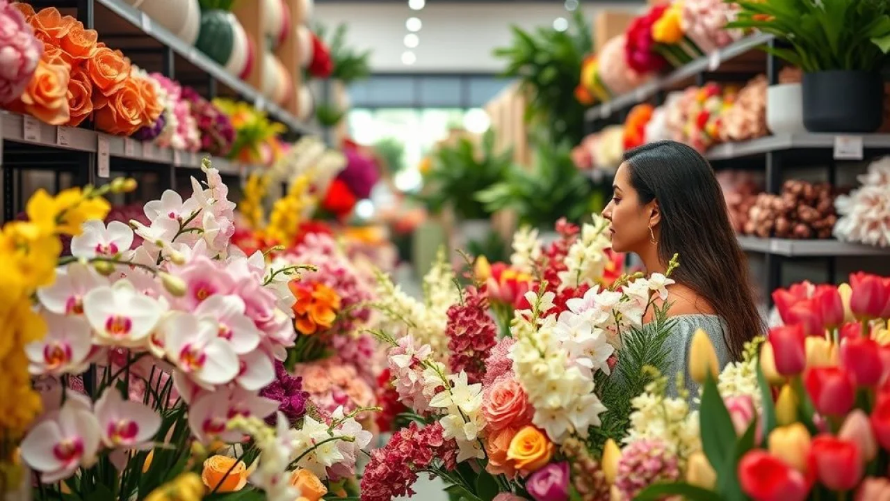Mulher brasileira escolhendo flores artificiais em loja de decoração.