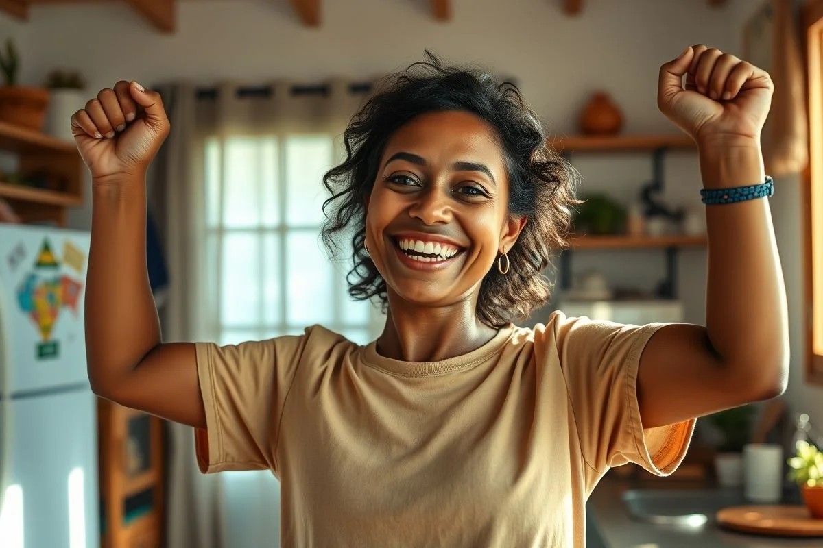 Brasileira celebra pequena vitória em casa com sorriso e alegria.