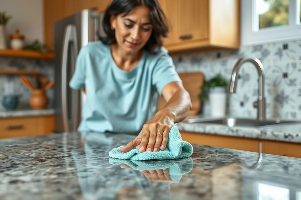 Mulher brasileira limpando bancada de granito na cozinha com pano e sabão neutro. Limpeza fácil.