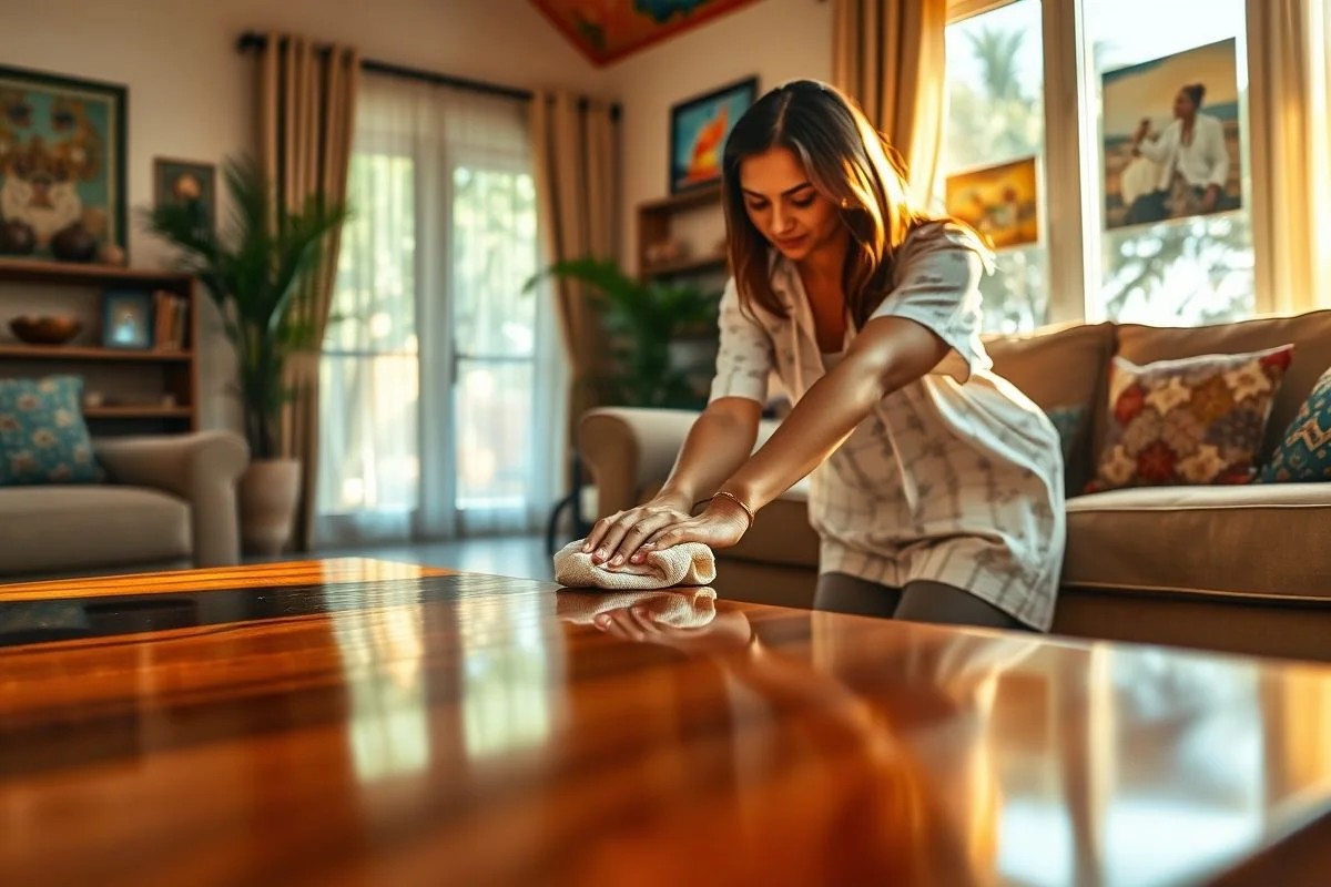 Mulher limpando mesa de centro envernizada com pano. Cuidados para móveis durarem mais.