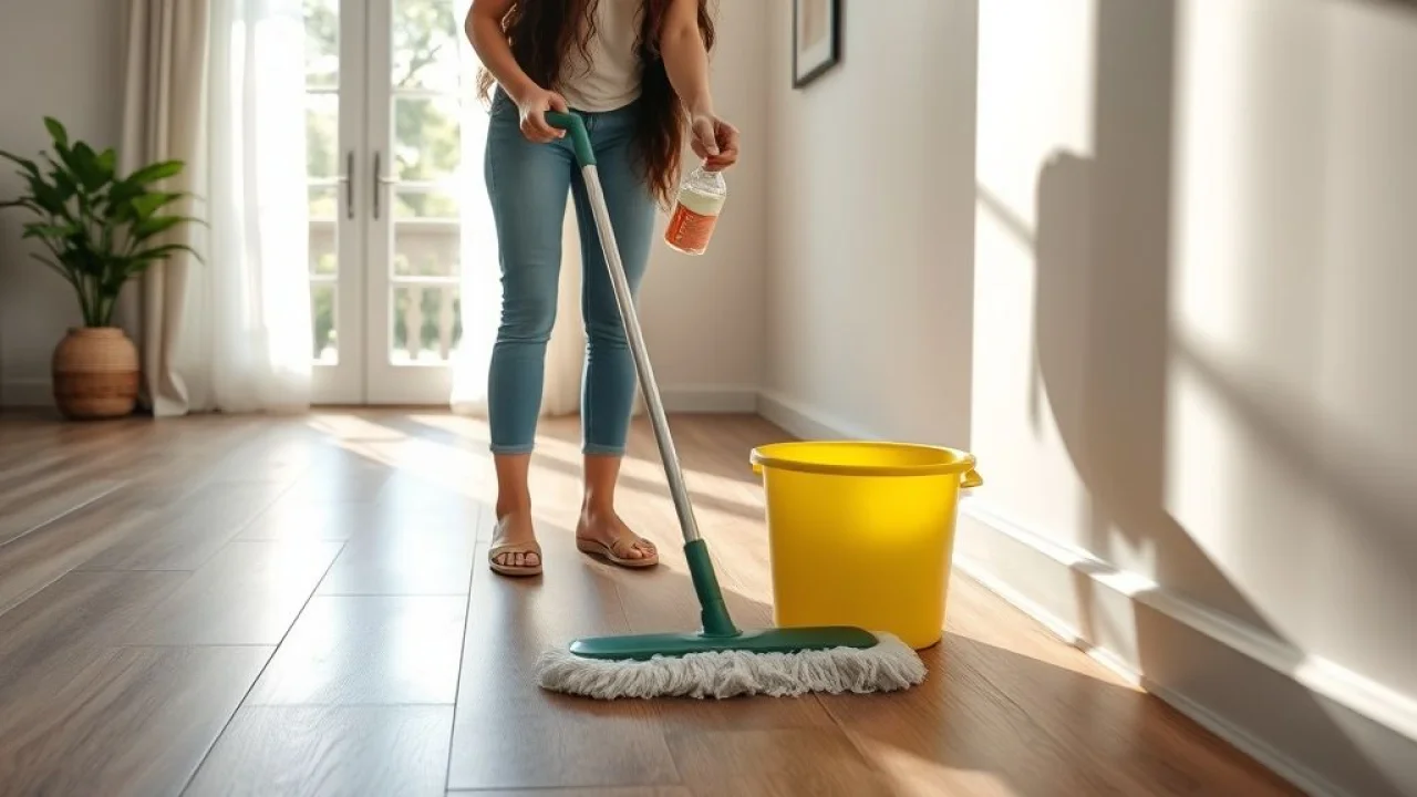 Mulher brasileira limpando piso vinílico recém-instalado com detergente neutro.