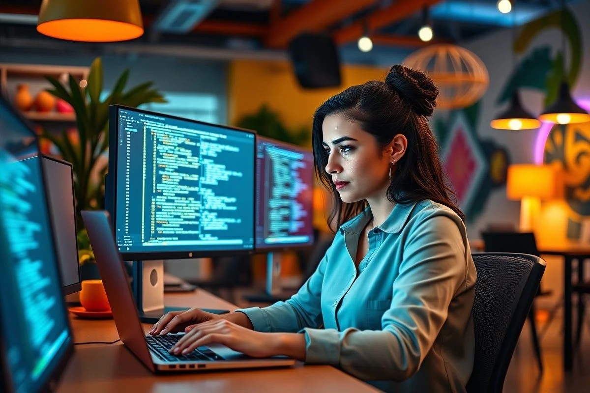 Mulher brasileira concentrada codificando em espaço de coworking.