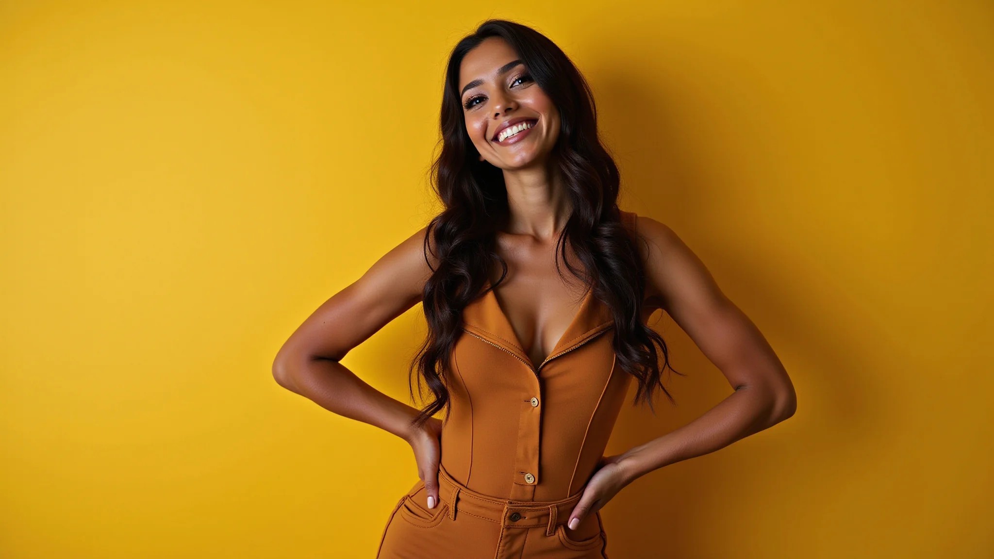 Mulher brasileira confiante com look minimalista estiloso. Foto profissional.