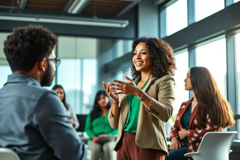 Brasileira apresenta projeto para equipe diversa em escritório moderno, mostrando liderança.