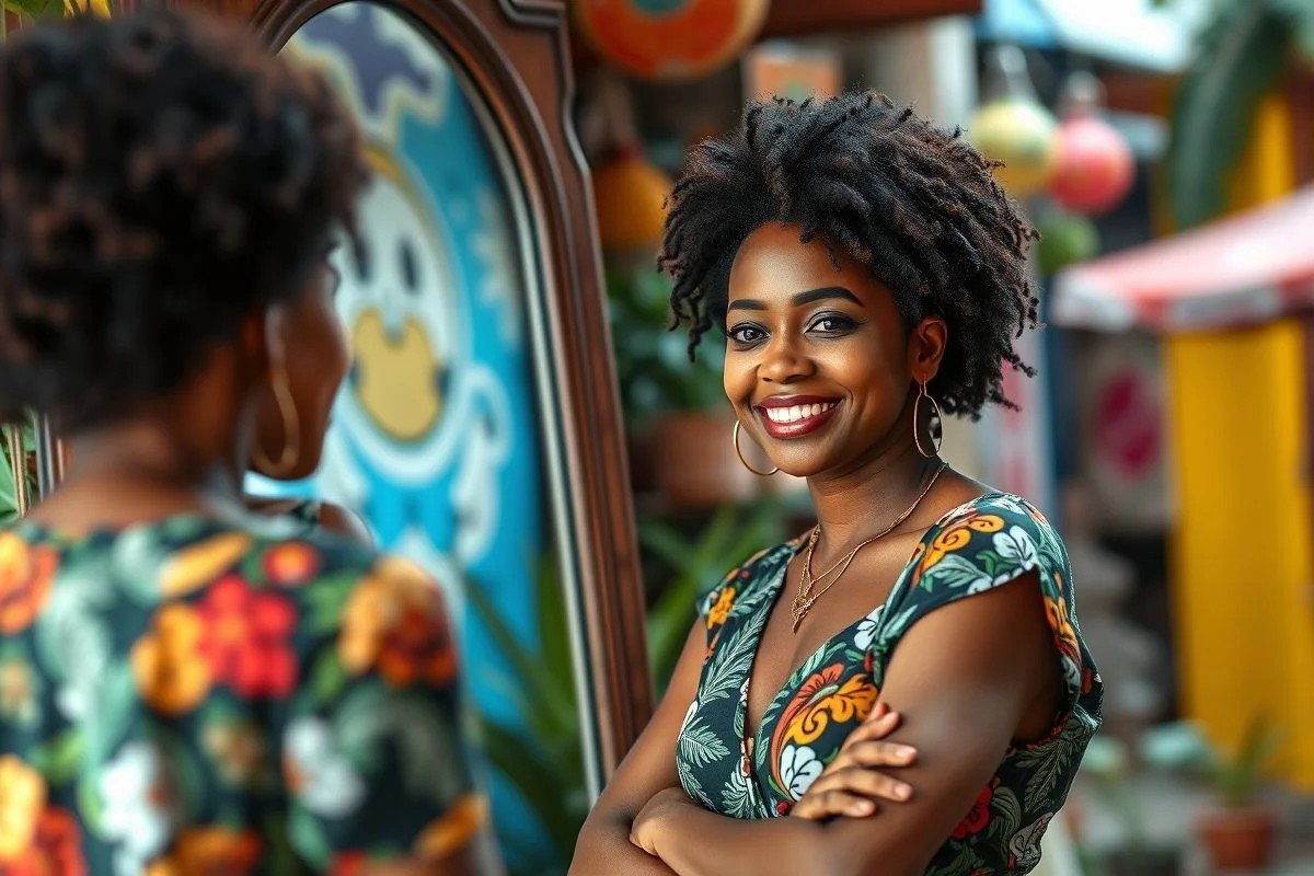 Mulher brasileira confiante, abraçando sua beleza e individualidade.