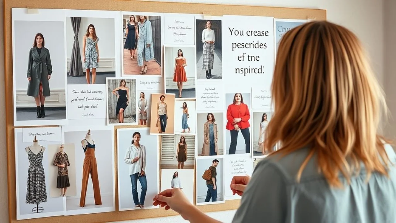 Mulher criando painel de inspiração de moda com fotos e frases em português.