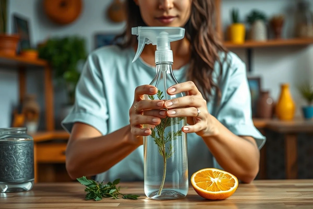 Brasileira preparando produto de limpeza caseiro com ingredientes naturais.