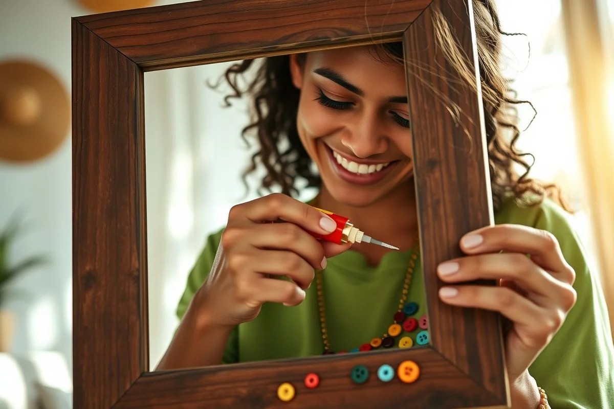 Brasileira decorando porta-retrato com botões coloridos.