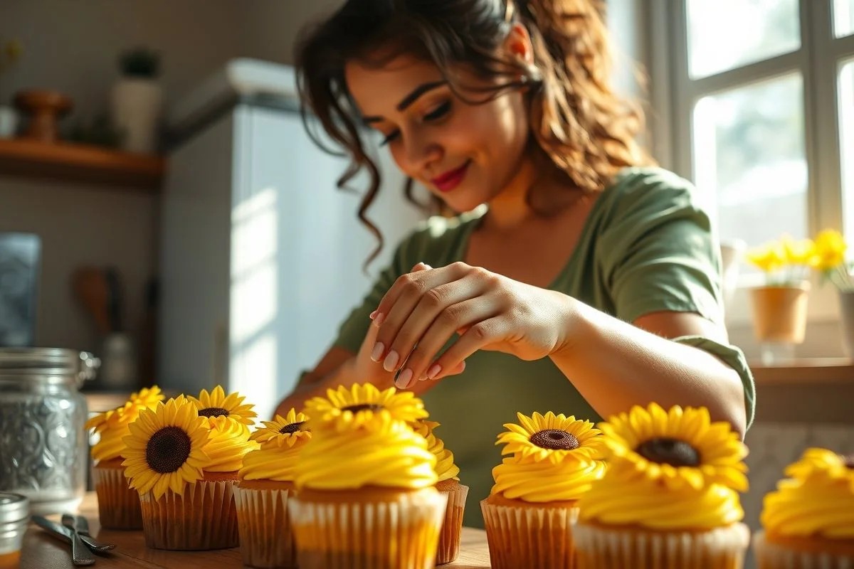 Mulher decorando cupcakes amarelos com girassóis, gesto de carinho.