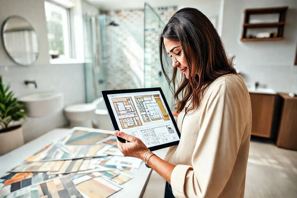 Mulher planejando banheiro com amostras de revestimentos e tablet.