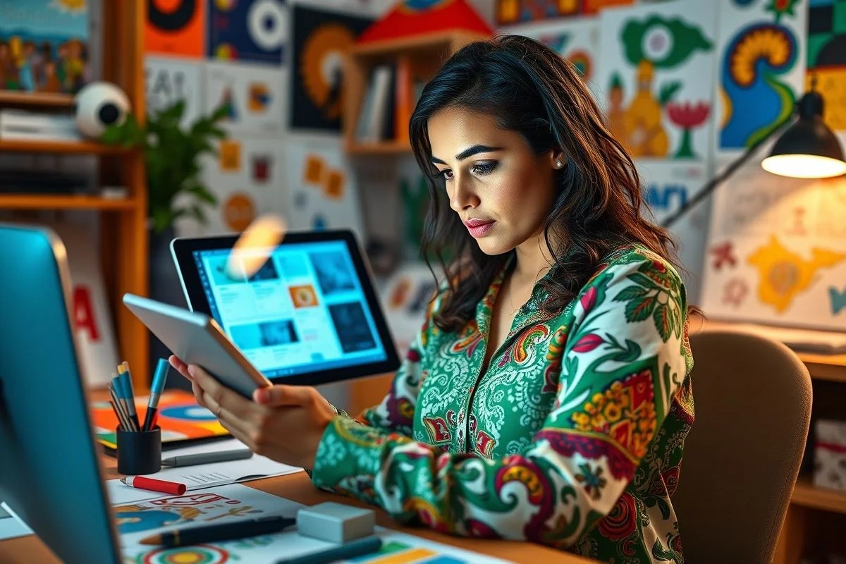 Designer de UX/UI brasileira criando interface em tablet.