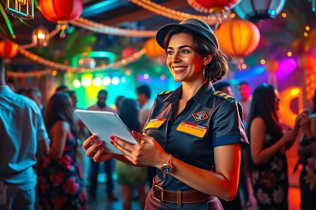 Mulher vestida de carteiro elegante entregando bilhetes em festa, representando a alegria do correio elegante