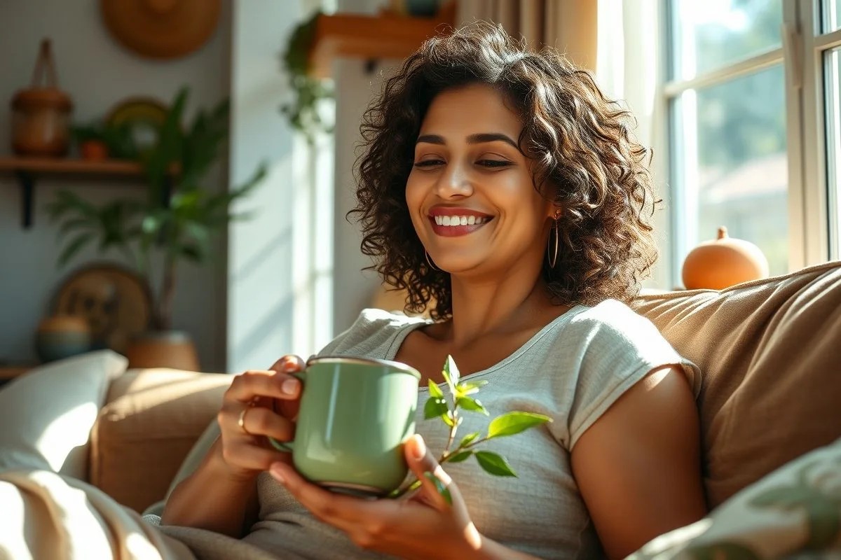 Mulher brasileira sorrindo enquanto bebe chá de orégano.