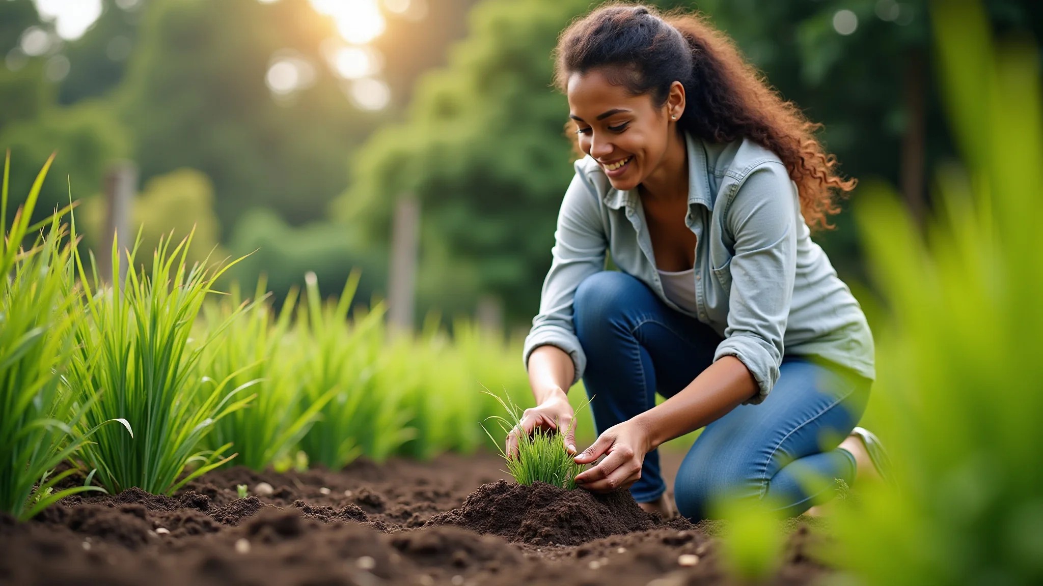 Mulher brasileira plantando grama preta em um jardim ensolarado.