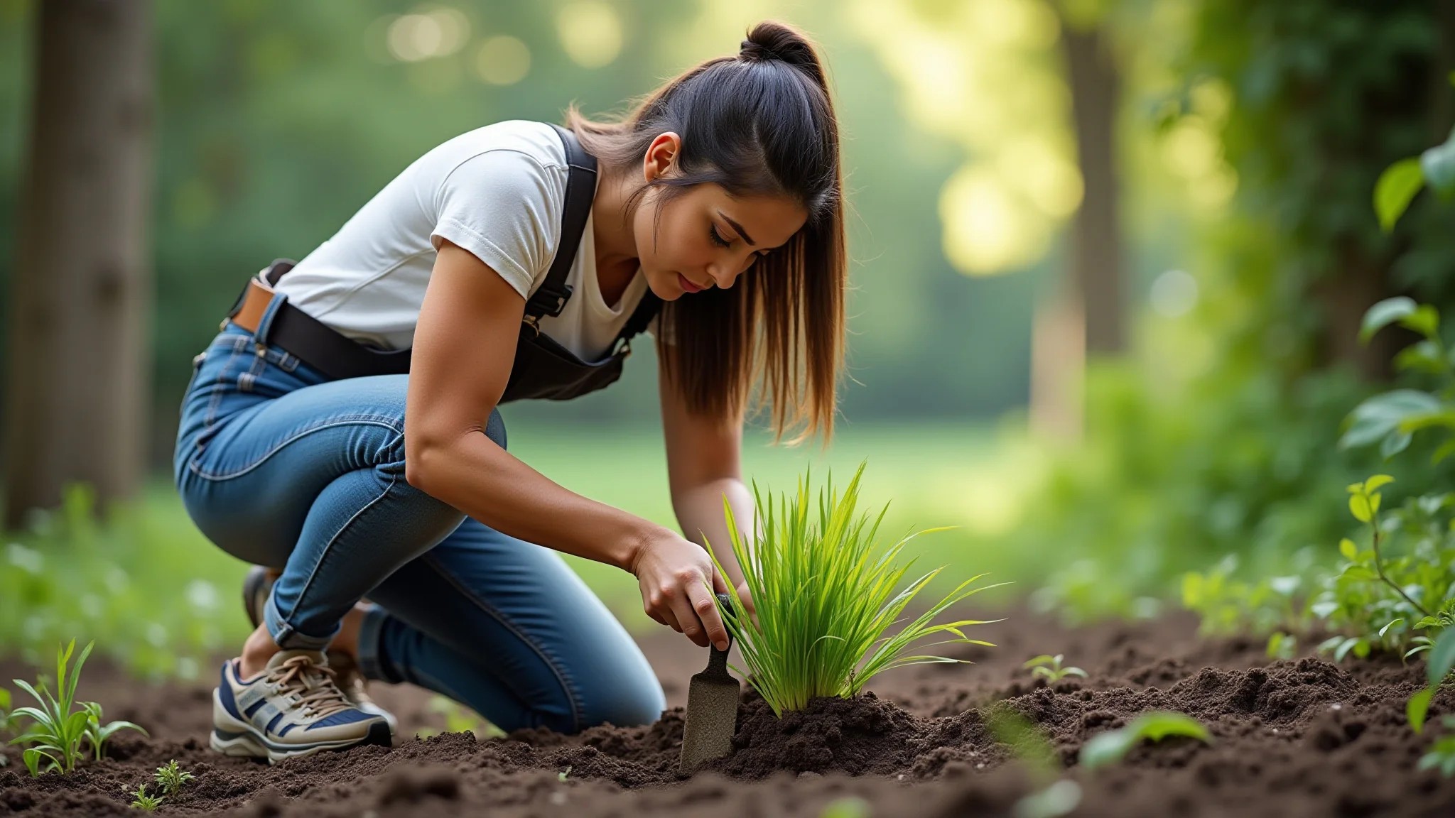 Mulher brasileira plantando grama em área sombreada, usando ferramentas de jardinagem.