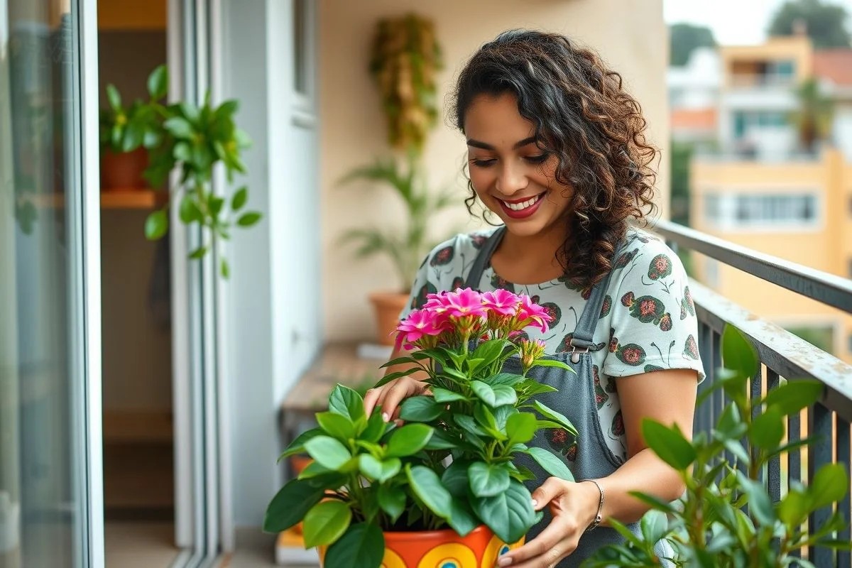 Mulher brasileira plantando Ixora Nana em vaso colorido na varanda.