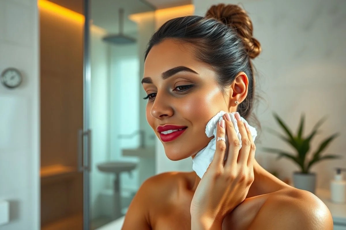 Brasileira limpando o rosto com sabonete facial suave.