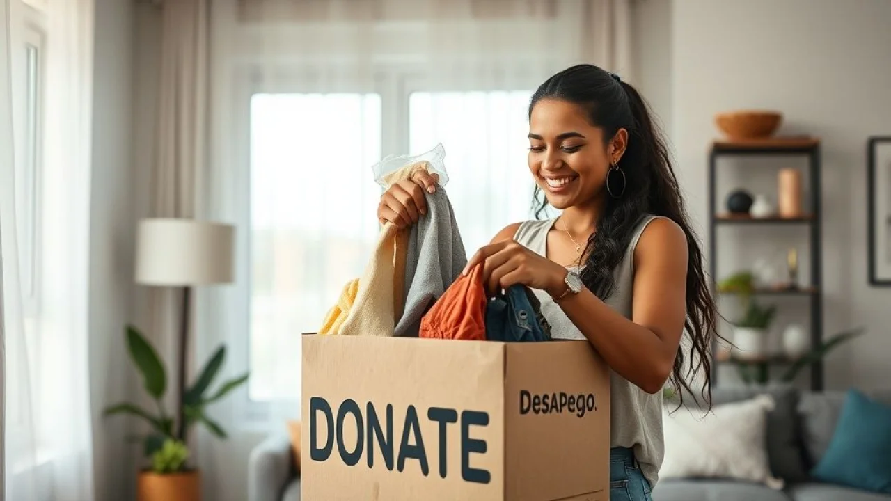Mulher brasileira doando roupas em caixa de doação em apartamento.